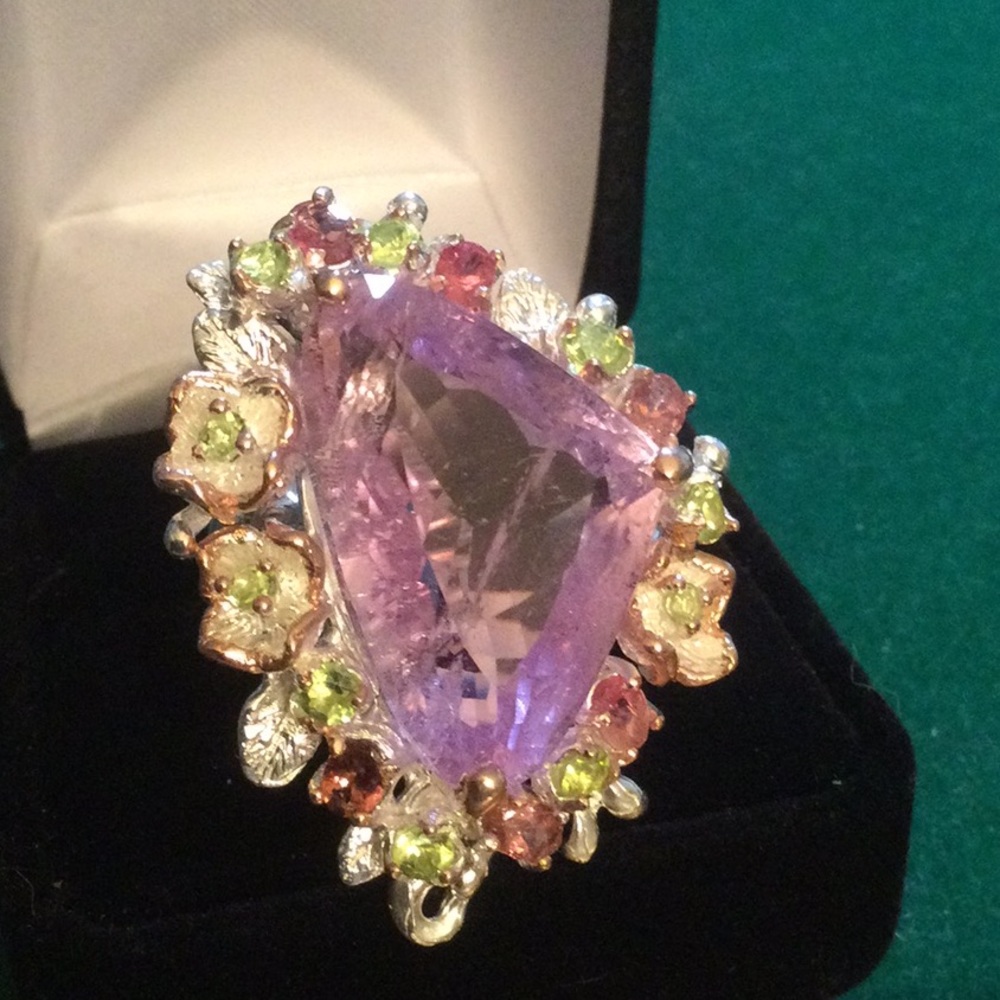 Magnificent Huge Genuine Kunzite & Tourmaline Ring, Rare Dreamscape Facet - Picture 3 of 12